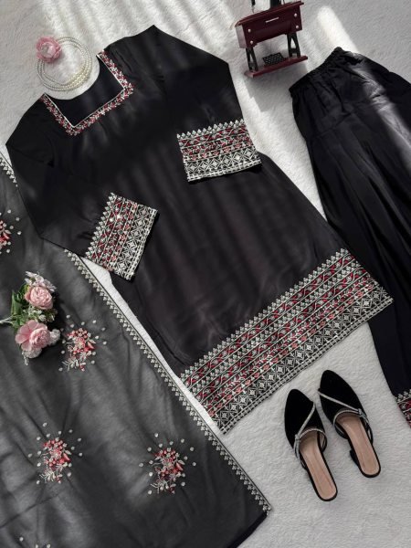Black aesthetics Natural Crep Silk Intricate Thared And Sequnce work Suit With Farshi Plazzo And Sequence Dupatta Ready To Wear Collection