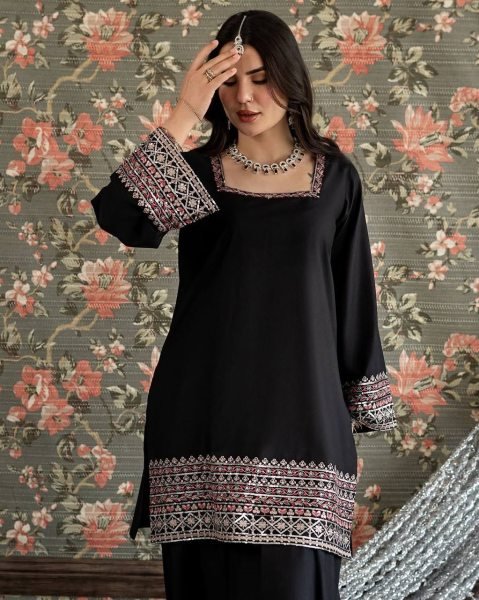Black aesthetics Natural Crep Silk Intricate Thared And Sequnce work Suit With Farshi Plazzo And Sequence Dupatta Ready To Wear Collection
