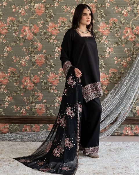 Black aesthetics Natural Crep Silk Intricate Thared And Sequnce work Suit With Farshi Plazzo And Sequence Dupatta Ready To Wear Collection