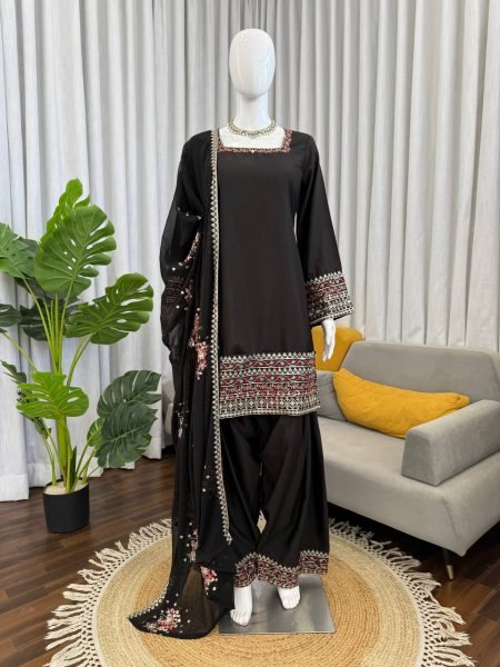 Black aesthetics Natural Crep Silk Intricate Thared And Sequnce work Suit With Farshi Plazzo And Sequence Dupatta Ready To Wear Collection