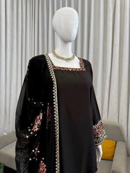 Black aesthetics Natural Crep Silk Intricate Thared And Sequnce work Suit With Farshi Plazzo And Sequence Dupatta Ready To Wear Collection