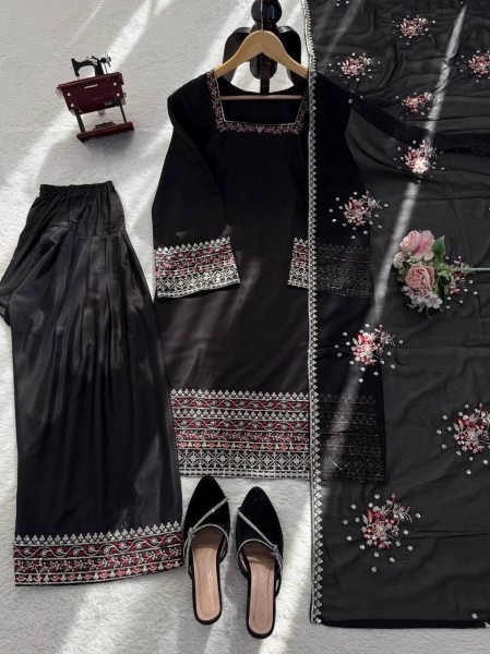 Black aesthetics Natural Crep Silk Intricate Thared And Sequnce work Suit With Farshi Plazzo And Sequence Dupatta Ready To Wear Collection