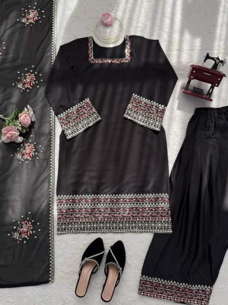 Black aesthetics Natural Crep Silk Intricate Thared And Sequnce work Suit With Farshi Plazzo And Sequence Dupatta Ready To Wear Collection