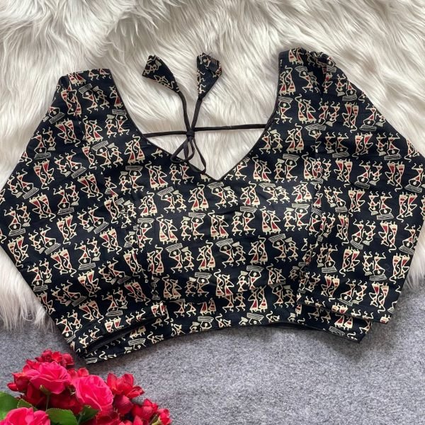 Black Ajrakh Galaxy Blouse Warli Print & V-Neck Elegance Blouse Collection