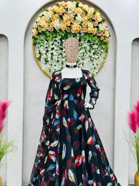 Black Anarkali Kurti With Digital Print 3 Piece Kurti Set