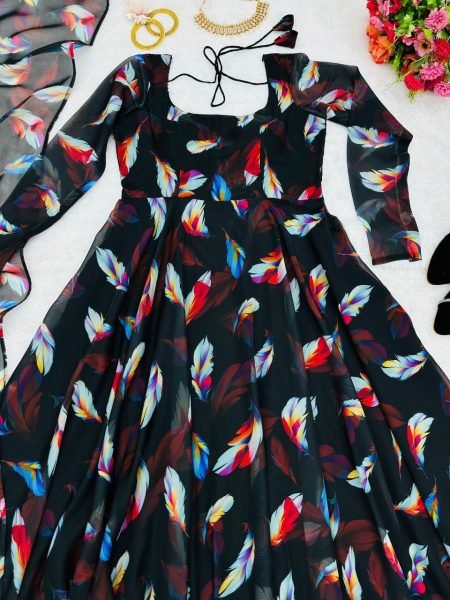 Black Anarkali Kurti With Digital Print 3 Piece Kurti Set