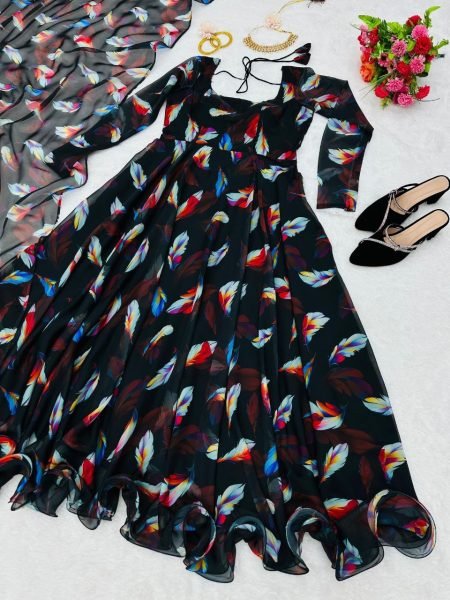 Black Anarkali Kurti With Digital Print 3 Piece Kurti Set