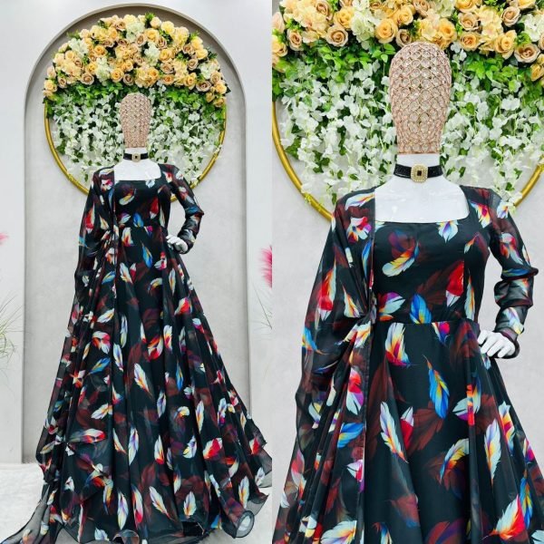 Black Anarkali Kurti With Digital Print 3 Piece Kurti Set