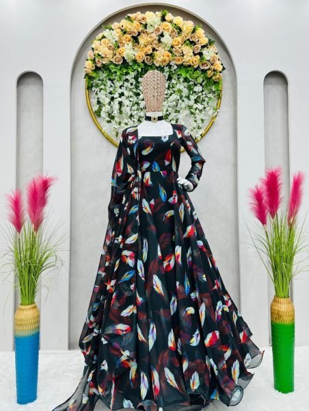 Black Anarkali Kurti With Digital Print 3 Piece Kurti Set