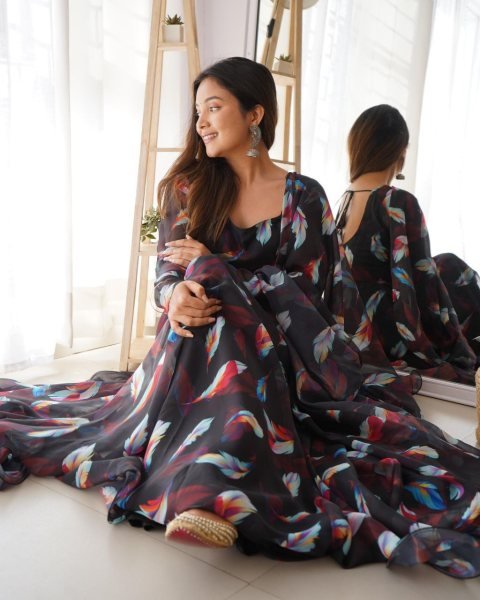 Black Anarkali Kurti With Digital Print 3 Piece Kurti Set