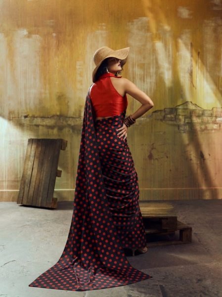 Black and Red Polka Dot Printed Daily Wear Saree with Unstitched Blouse Piece Bollywood Fancy Sarees Wholesale