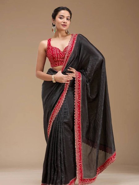 Black Bandhej Saree with Hand Embellished Beads and Stones Silk Satin Blouse Piece Bandhej Sarees Wholesale