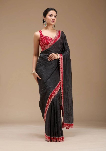Black Bandhej Saree with Hand Embellished Beads and Stones Silk Satin Blouse Piece Bandhej Sarees Wholesale