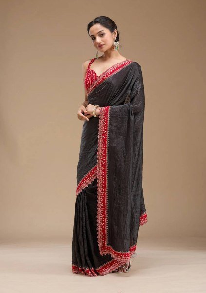 Black Bandhej Saree with Hand Embellished Beads and Stones Silk Satin Blouse Piece Bandhej Sarees Wholesale