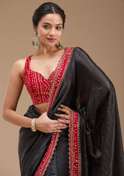 Black Bandhej Saree with Hand Embellished Beads and Stones Silk Satin Blouse Piece Bandhej Sarees Wholesale