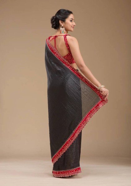 Black Bandhej Saree with Hand Embellished Beads and Stones Silk Satin Blouse Piece Bandhej Sarees Wholesale