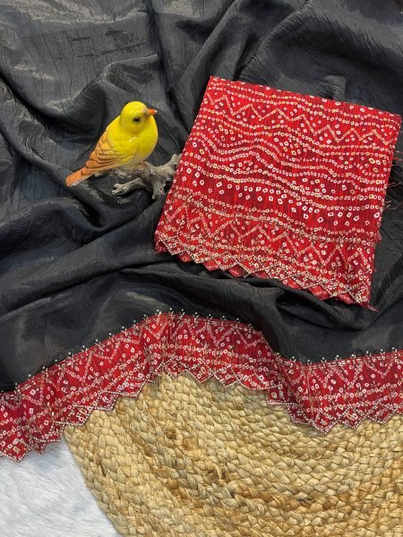 Black Bandhej Saree with Hand Embellished Beads and Stones Silk Satin Blouse Piece Bandhej Sarees Wholesale