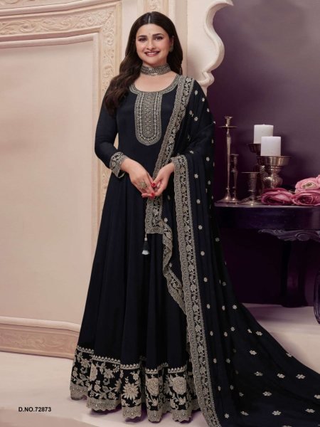 Black Beauty Chinon Anarkali Set with Golden Dupatta for Evening Receptions Salwar Kameez