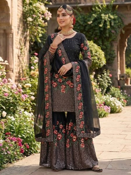 Black Bloom  Fendy Silk Embellished Sharara Set with Fancy Lace Dupatta And Elegant Finish Ready To Wear Suit
