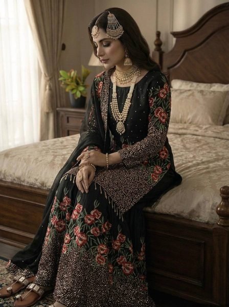 Black Bloom  Fendy Silk Embellished Sharara Set with Fancy Lace Dupatta And Elegant Finish Ready To Wear Collection