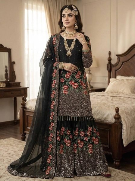 Black Bloom  Fendy Silk Embellished Sharara Set with Fancy Lace Dupatta And Elegant Finish Ready To Wear Collection