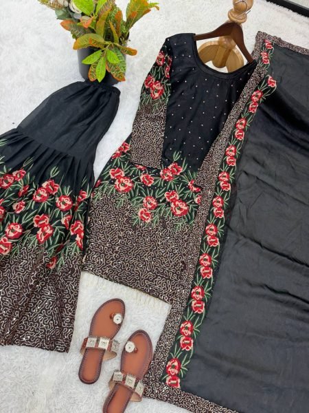 Black Bloom  Fendy Silk Embellished Sharara Set with Fancy Lace Dupatta And Elegant Finish Ready To Wear Collection