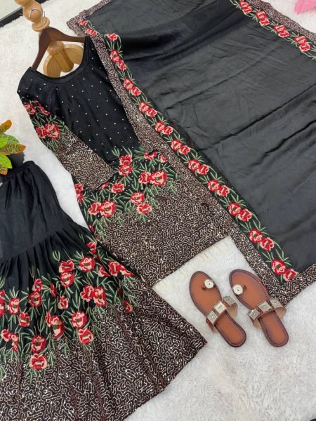 Black Bloom  Fendy Silk Embellished Sharara Set with Fancy Lace Dupatta And Elegant Finish Ready To Wear Collection