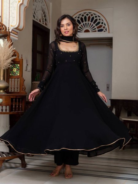 Black Blooming Fabric Zari Thread Embroidery Suit with Dupatta for Festive Wear Anarkali Kurtis 