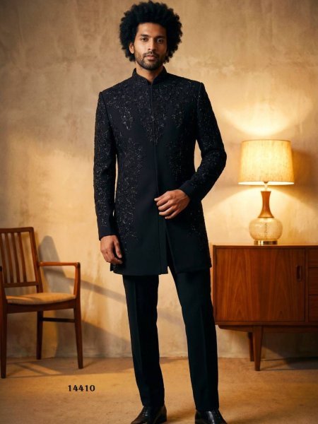 Black Boutique Quality Heavy Armani Indo Western Suit with Heavy Embroidery Work 
