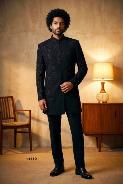 Black Boutique Quality Heavy Armani Indo Western Suit with Heavy Embroidery Work Kurta Pajama Wholesale