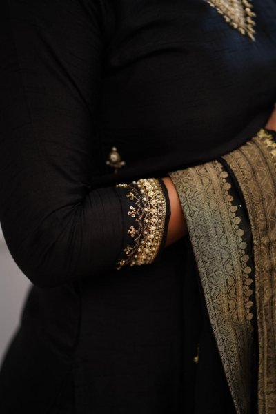 Black Chanderi Kurti Set with Embroidery and Jacquard Dupatta 3 Piece Kurti Set