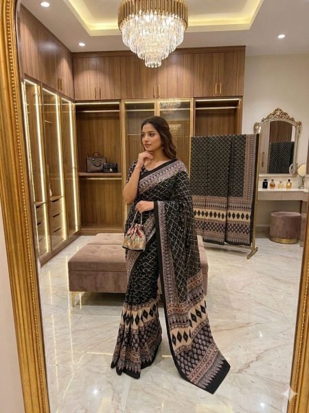Black Chinon Silk Saree with Real Mirror Work and Sequins Embroidery for Wedding Wear Sarees 