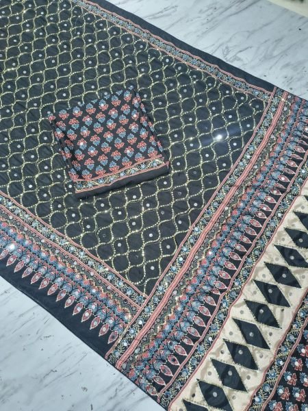 Black Chinon Silk Saree with Real Mirror Work and Sequins Embroidery for Wedding Wear Silk Sarees Wholesale