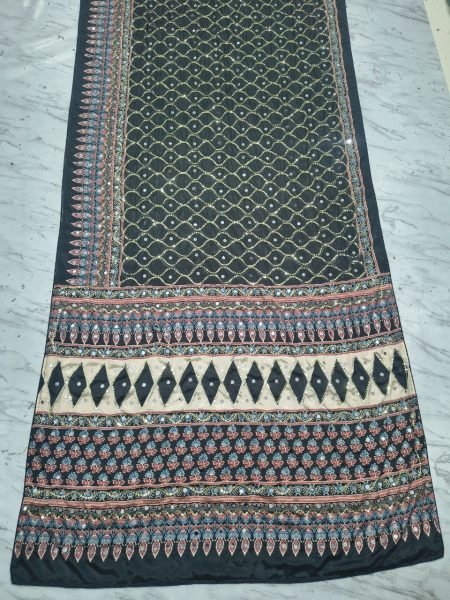 Black Chinon Silk Saree with Real Mirror Work and Sequins Embroidery for Wedding Wear Silk Sarees Wholesale