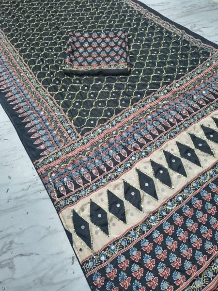 Black Chinon Silk Saree with Real Mirror Work and Sequins Embroidery for Wedding Wear Silk Sarees Wholesale