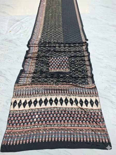 Black Chinon Silk Saree with Real Mirror Work and Sequins Embroidery for Wedding Wear Silk Sarees Wholesale