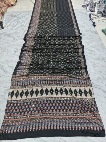Black Chinon Silk Saree with Real Mirror Work and Sequins Embroidery for Wedding Wear Silk Sarees Wholesale