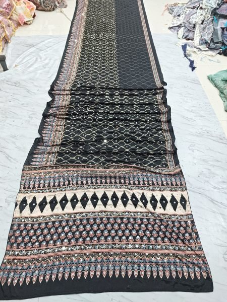 Black Chinon Silk Saree with Real Mirror Work and Sequins Embroidery for Wedding Wear Silk Sarees Wholesale