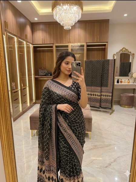Black Chinon Silk Saree with Real Mirror Work and Sequins Embroidery for Wedding Wear Silk Sarees Wholesale
