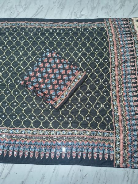 Black Chinon Silk Saree with Real Mirror Work and Sequins Embroidery for Wedding Wear Silk Sarees Wholesale