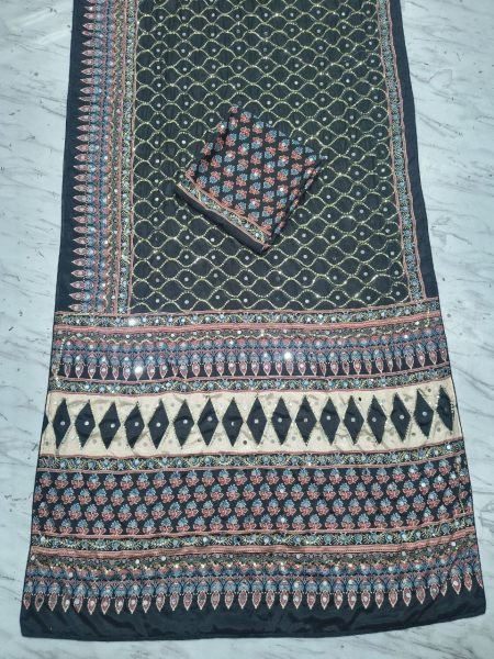 Black Chinon Silk Saree with Real Mirror Work and Sequins Embroidery for Wedding Wear Silk Sarees Wholesale