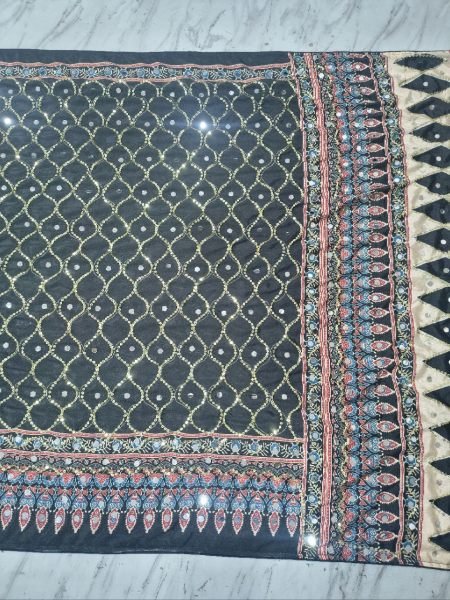 Black Chinon Silk Saree with Real Mirror Work and Sequins Embroidery for Wedding Wear Silk Sarees Wholesale