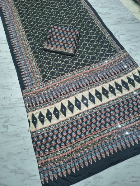Black Chinon Silk Saree with Real Mirror Work and Sequins Embroidery for Wedding Wear Silk Sarees Wholesale
