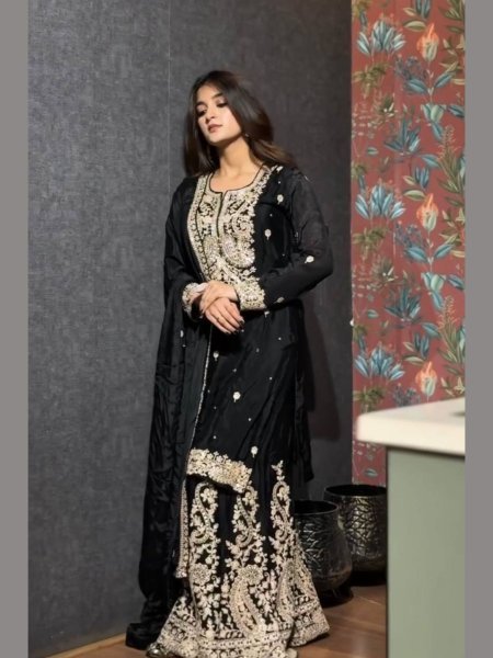 Black Chinon Silk Sharara Suit Elegant Embroidery & Fancy Dupatta Ready-to-Wear Party Set at Wholesale Best Seller Ready To Wear Suit