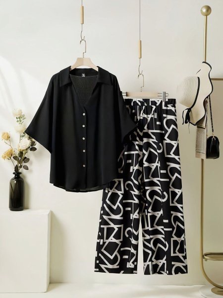 Black Co ord Set With Graphic Print Palazzo Classy Modern Look For Women Kurtis