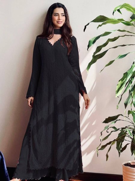 Black Color Best Price Wholesale Chikankari Suit with Full Lining & Lace Embroidery Dupatta Set