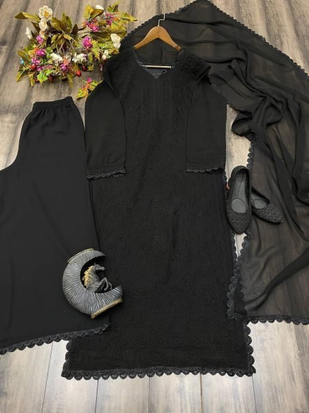 Black Color Best Price Wholesale Chikankari Suit with Full Lining & Lace Embroidery Dupatta Set Lucknowi Chikankari Kurtis Wholesale