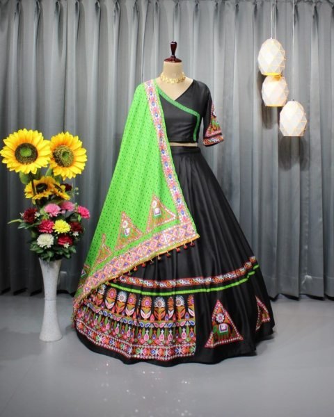 Black Color Butter Silk Mirror Work Lehenga Choli Navratri Lehnega Choli