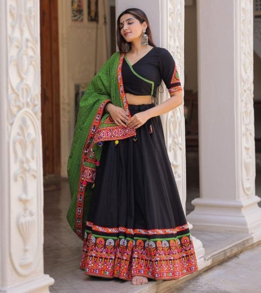 Black Color Butter Silk Mirror Work Lehenga Choli Navratri Lehnega Choli
