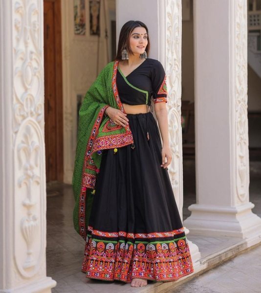 Black Color Butter Silk Mirror Work Lehenga Choli Navratri Lehnega Choli